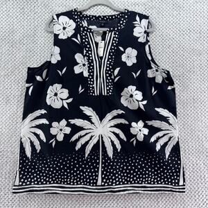 Talbots Top Womens XL Black Cotton Tropical Floral VNeck Sleeveless Casual Prepy